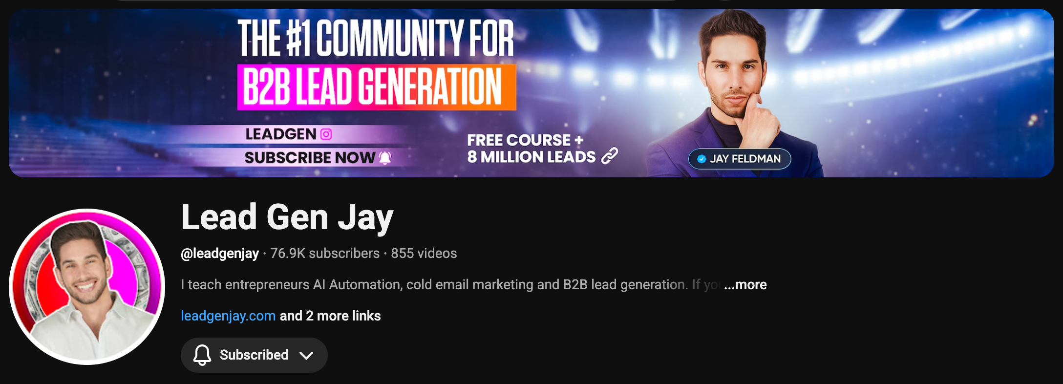 Lead Gen Jay YouTube 76.9K subscribers, 855 videos